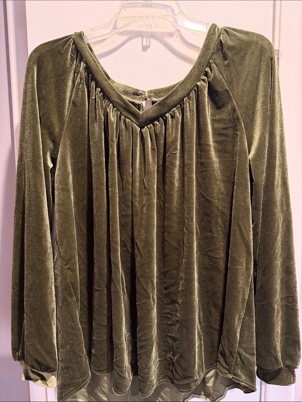 Olive Green Velvet V-Neck Women's Top